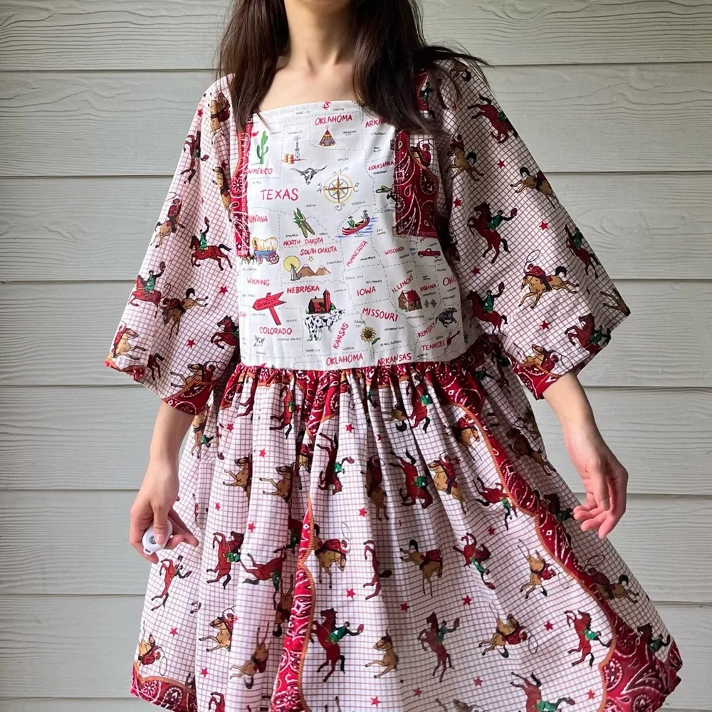 Western Rodeo | US Map | Handmade Bandana Dress SKU 05296 Red/Cowboy - Picture 2 of 16